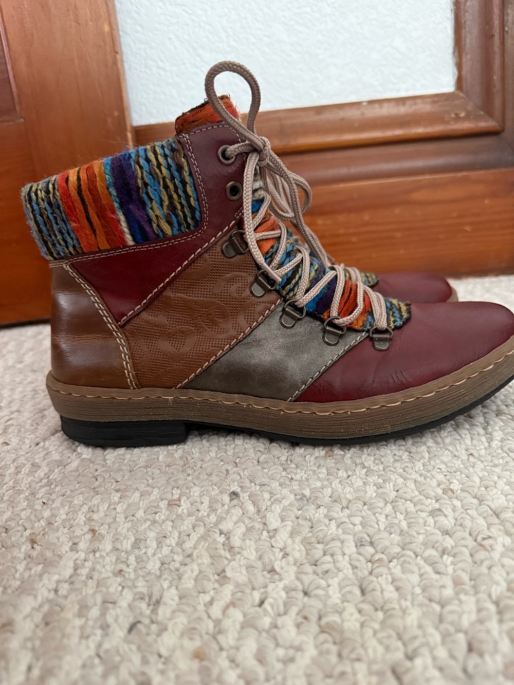 Rieker Burgundy & Brown Lace-Up Ankle Boots with Multicolor Knit Collar